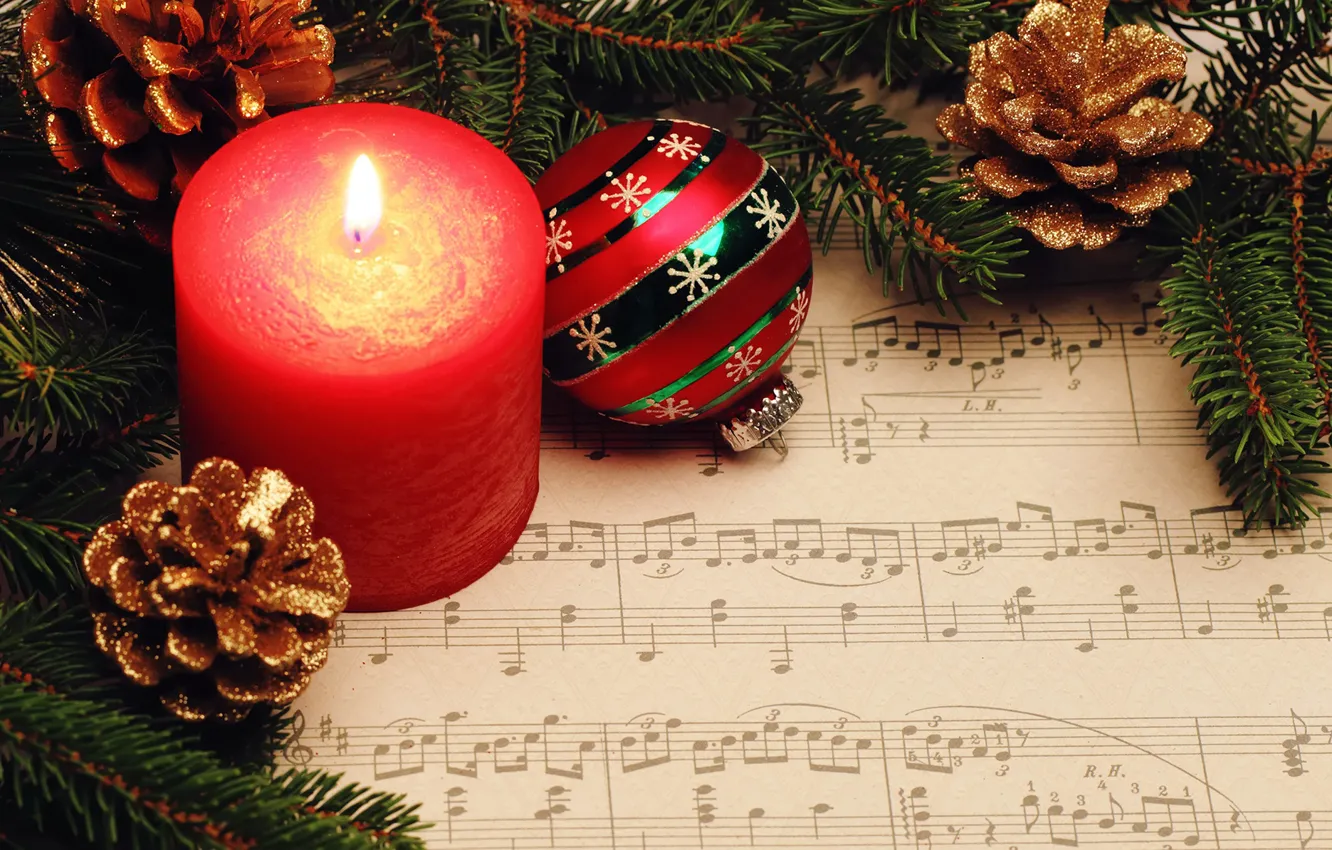 Фото обои ноты, шар, свеча, Новый год, Christmas, шишки, New Year