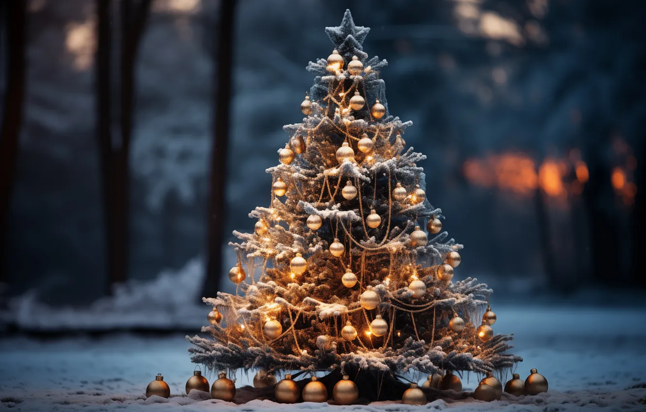 Фото обои зима, снег, ночь, елка, Рождество, Новый год, Christmas, night