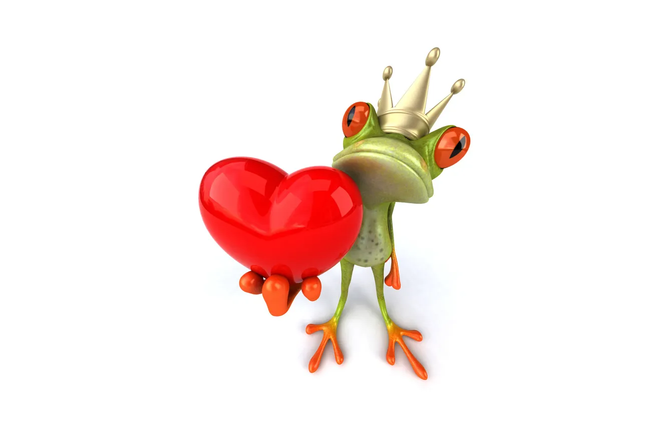 Фото обои сердце, графика, лягушка, корона, Free frog 3d