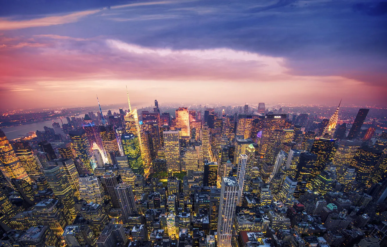 Фото обои закат, город, огни, Нью-Йорк, небоскребы, вечер, США, New York City