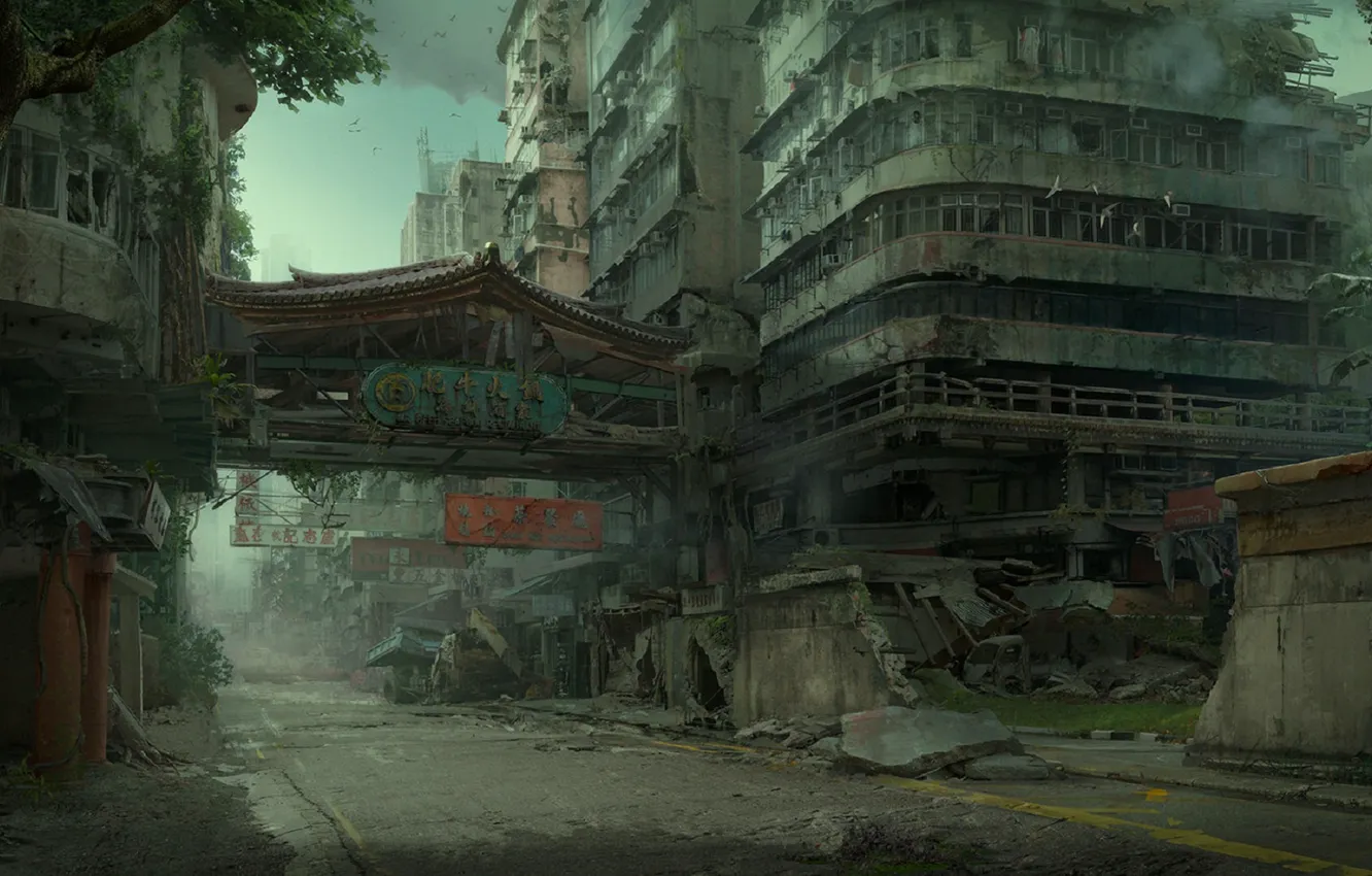 Фото обои руины, постапокалиптика, Hong Kong, разрушенный город, в темноте, безлюдный город, postapocalyptic, заброшенная зона