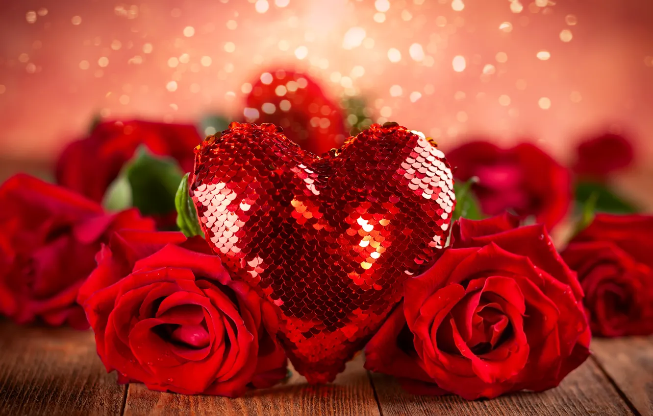 Фото обои фон, розы, лента, красные, сердечко, день святого валентина