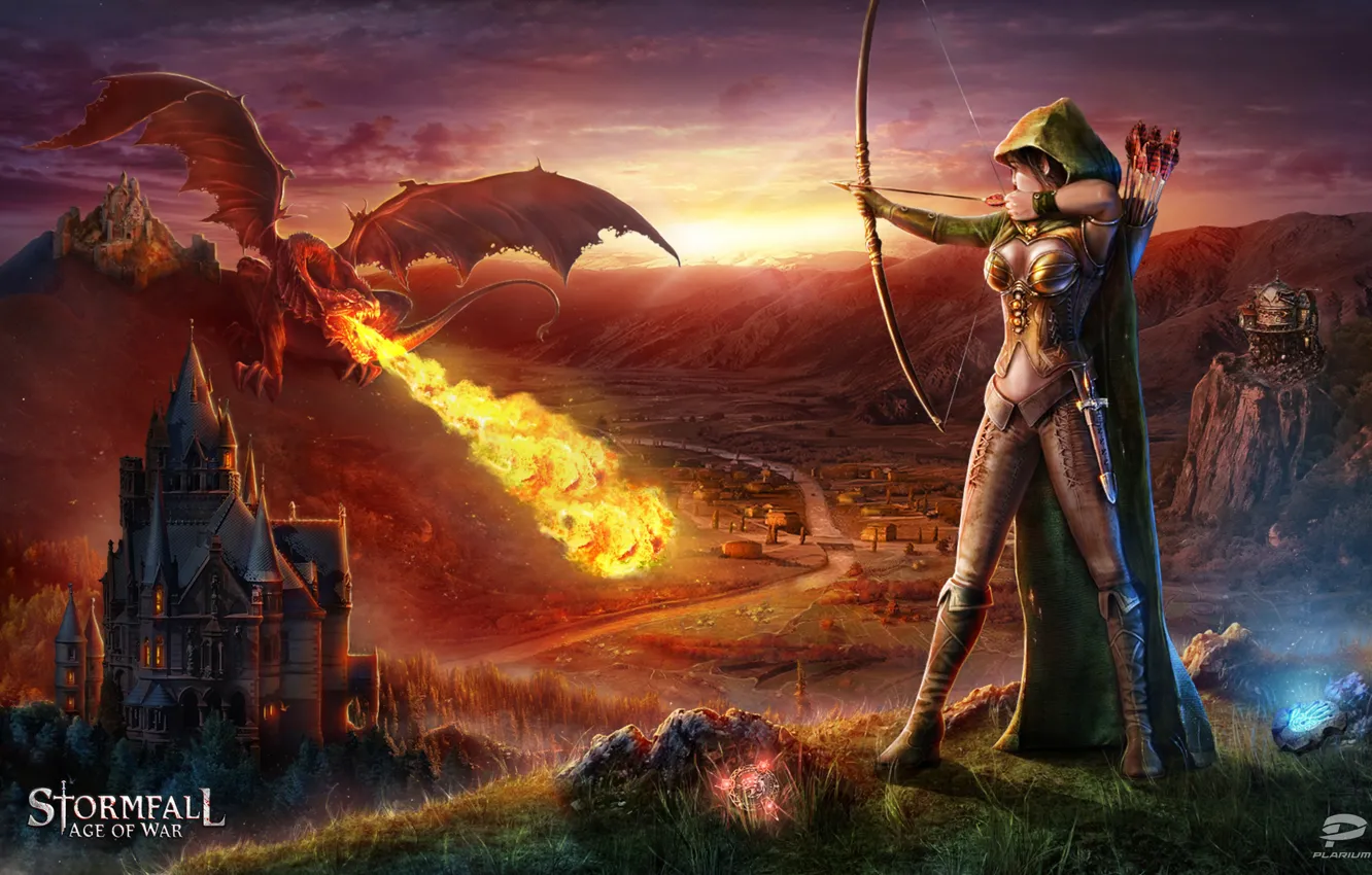 Фото обои fire, flame, game, weapon, dragon, castle, elf, bow