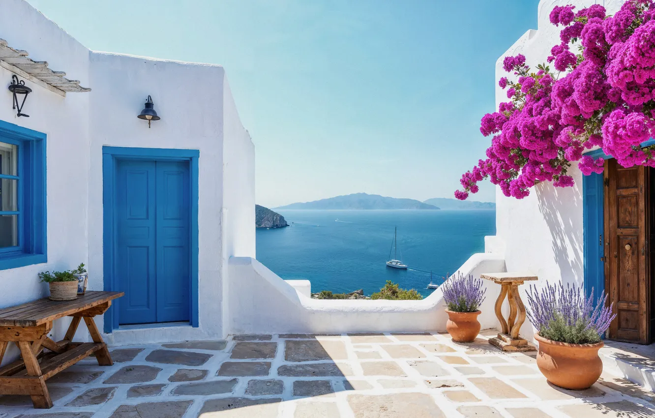 Фото обои море, солнце, дома, summer, house, sunshine, каникулы, цветение