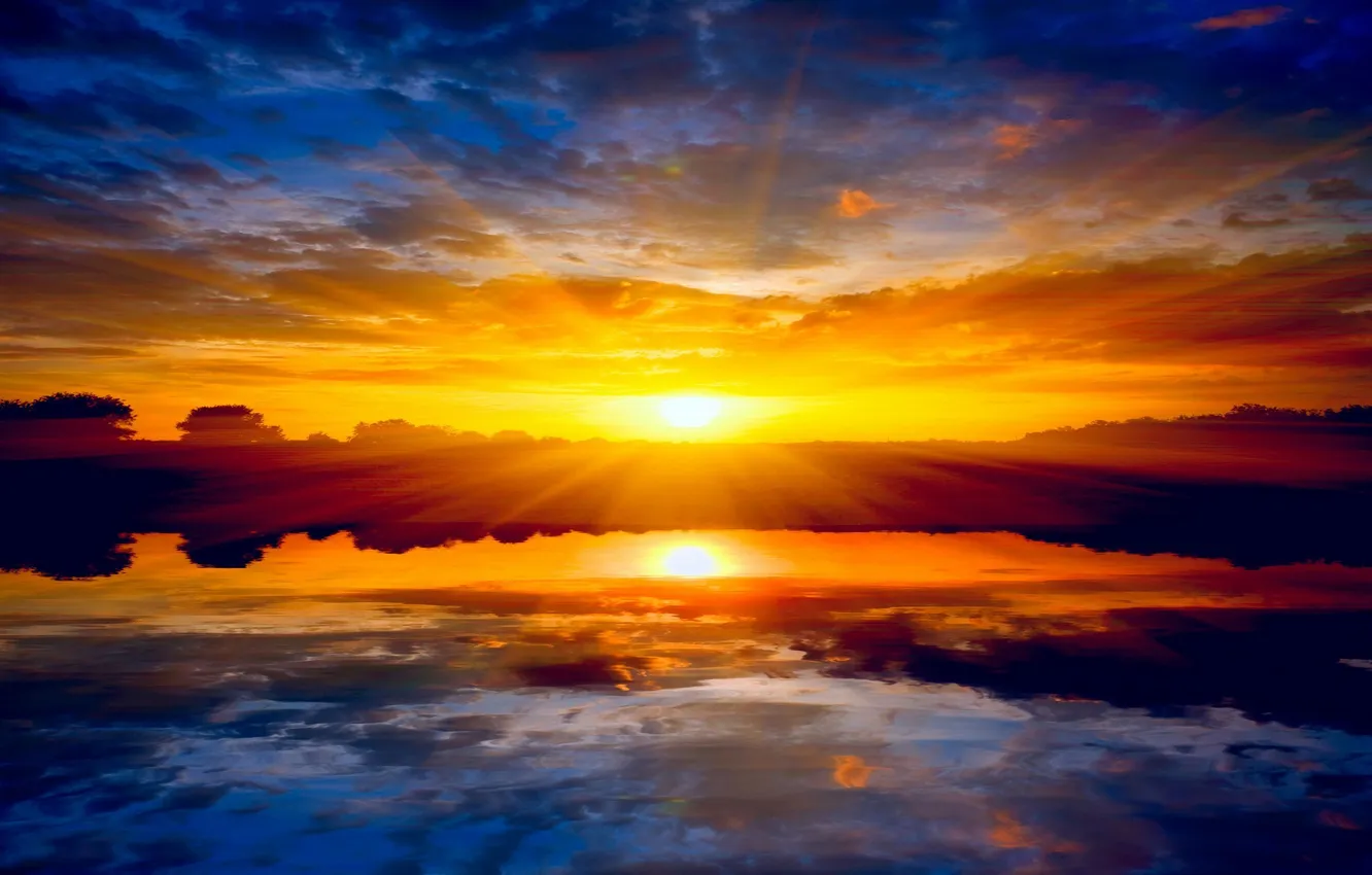 Фото обои солнце, пейзаж, закат, природа, озеро