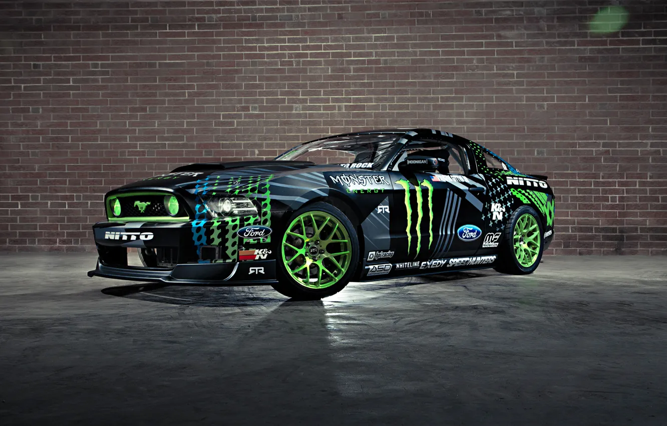 Фото обои Mustang, Ford, Drift, Wall, Green, Black, RTR, Monster Energy