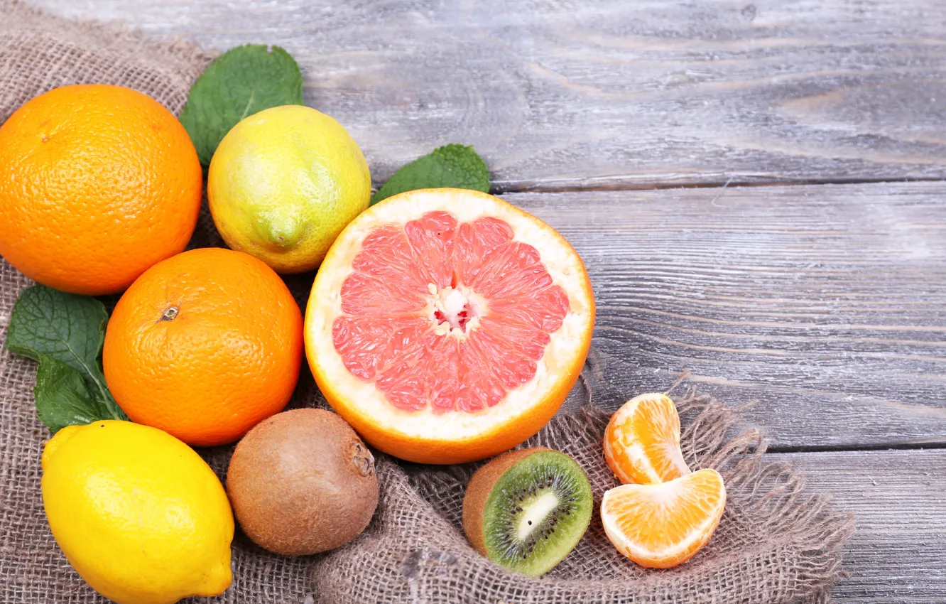 Фото обои лимон, апельсин, киви, фрукты, грейпфрут