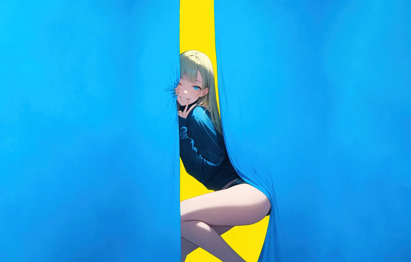 Фото обои Girl, legs, minimalism, blue eyes, blonde, digital art, artwork, curtains