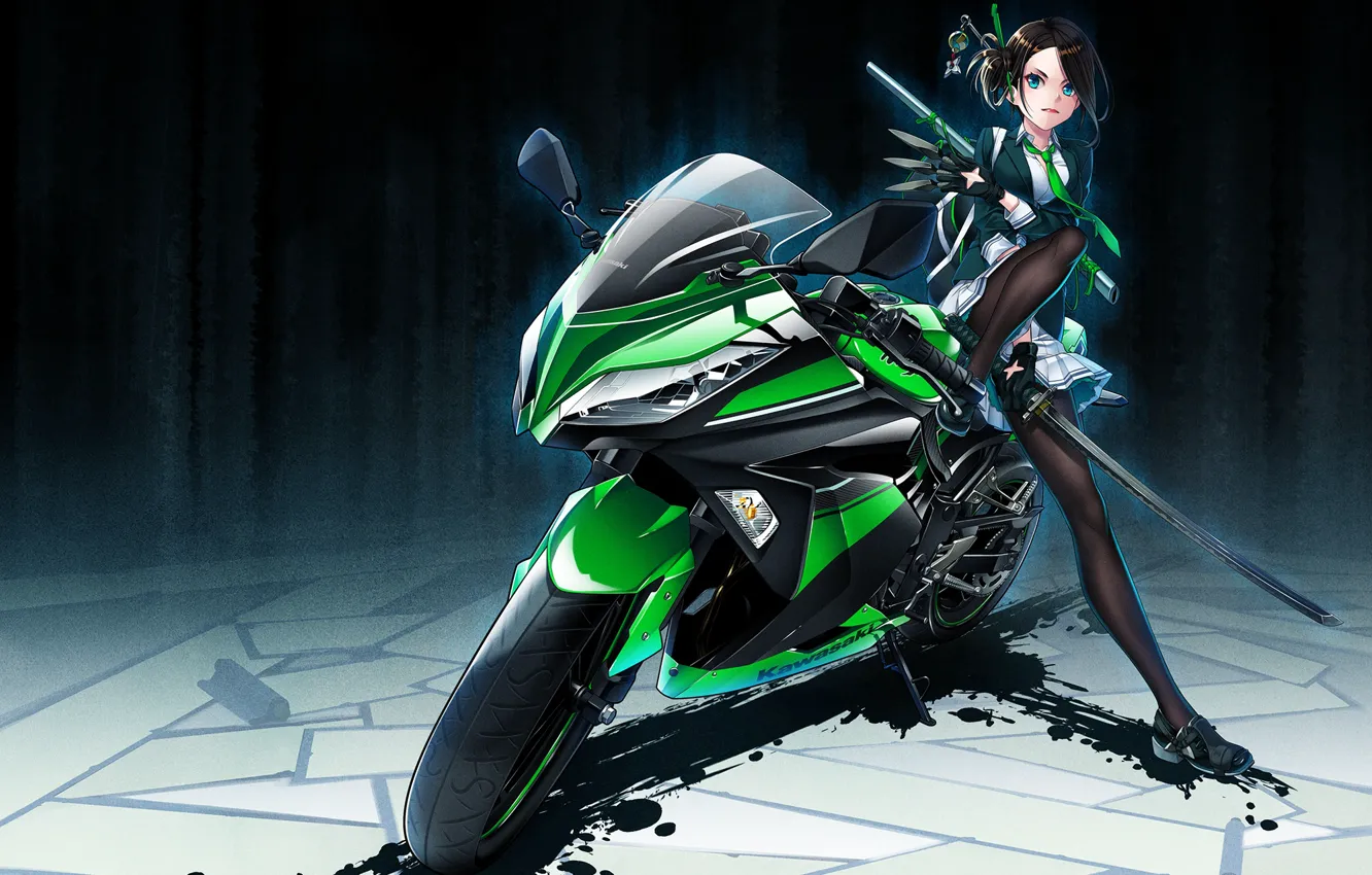 Фото обои девушка, меч, аниме, арт, мотоцикл, hamada youho