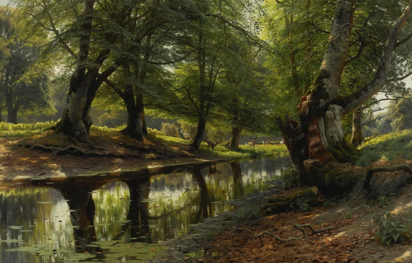 Фото обои деревья, пейзаж, природа, картина, Петер Мёрк Мёнстед, Peder Mørk Mønsted, Ручей в Долине. Олени на …