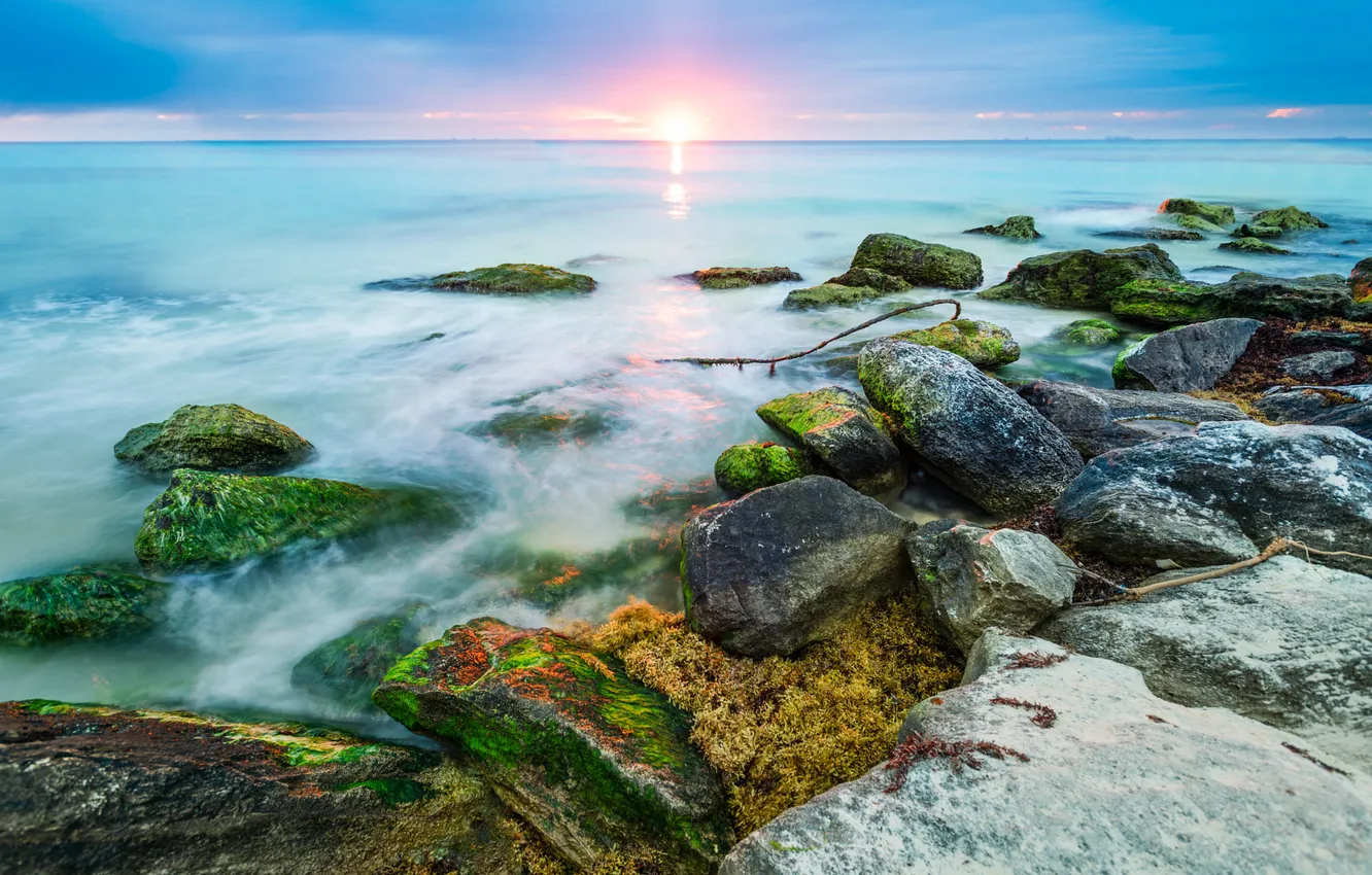 Фото обои море, пейзаж, закат, камни