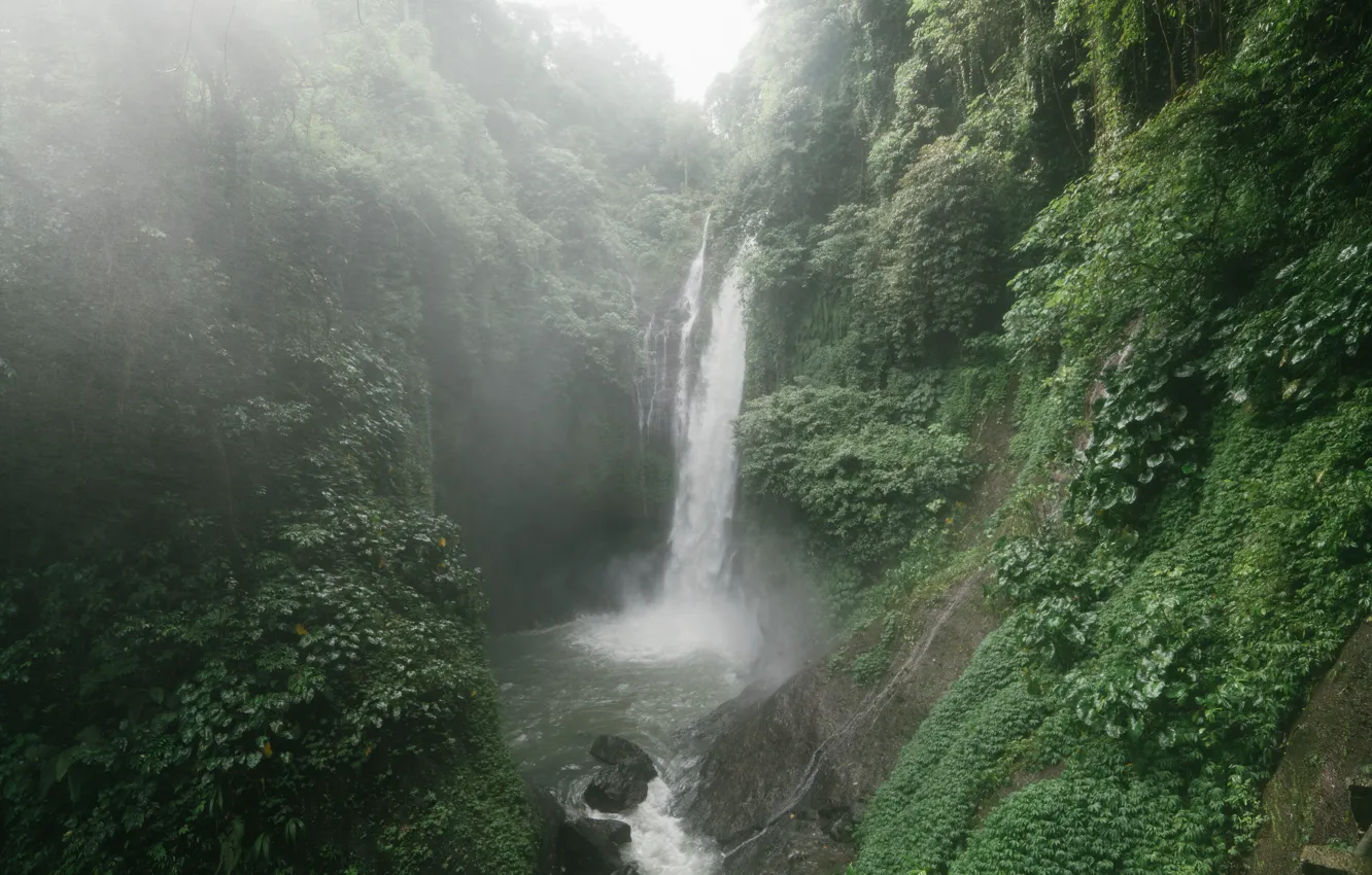 Фото обои водопад, дымка, waterfall, валун, зеленая листва, haze, потоки воды, boulder