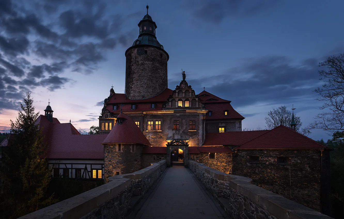Фото обои ночь, замок, освещение, Польша, архитектура, Czocha castle, замок Чоха