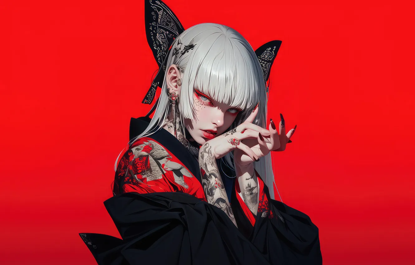 Фото обои Girl, Beautiful, Anime, Tattoo, Kimono, Red Background, Anime Girl, Ai Art