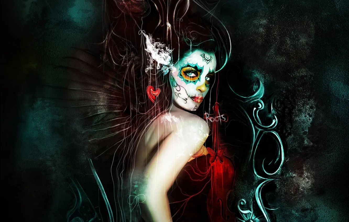 Фото обои взгляд, девушка, абстракция, лицо, смерть, бабочка, краска, арт