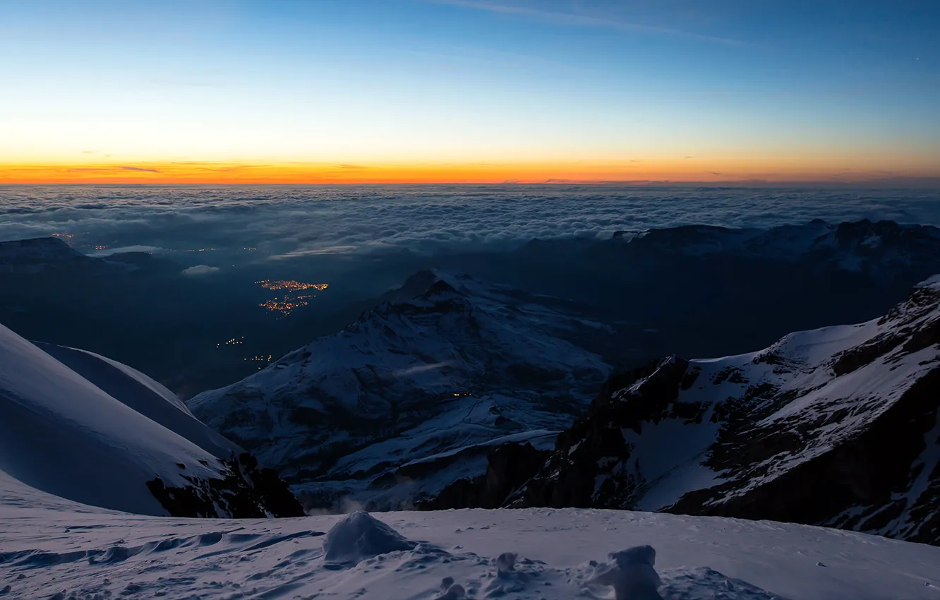Фото обои снег, горы, огни, Швейцария, долина, горизонт, зарево, Бернские Альпы