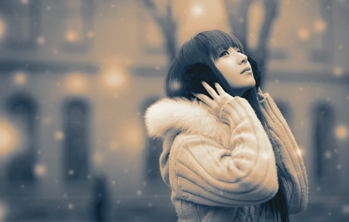 Фото обои зима, брюнетка, азиатка, монохром