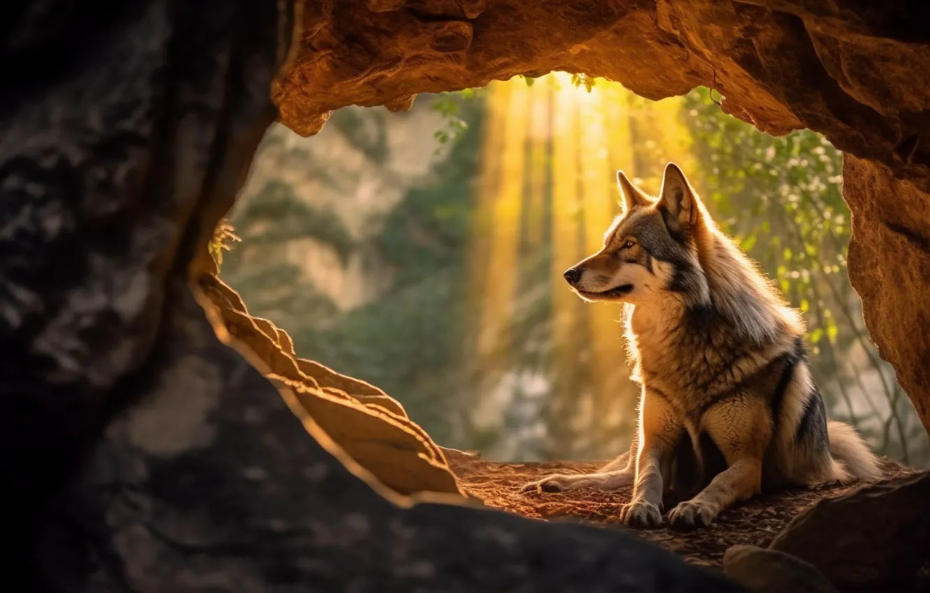 Фото обои лес, свет, природа, скалы, волк, арка, лежит, пещера