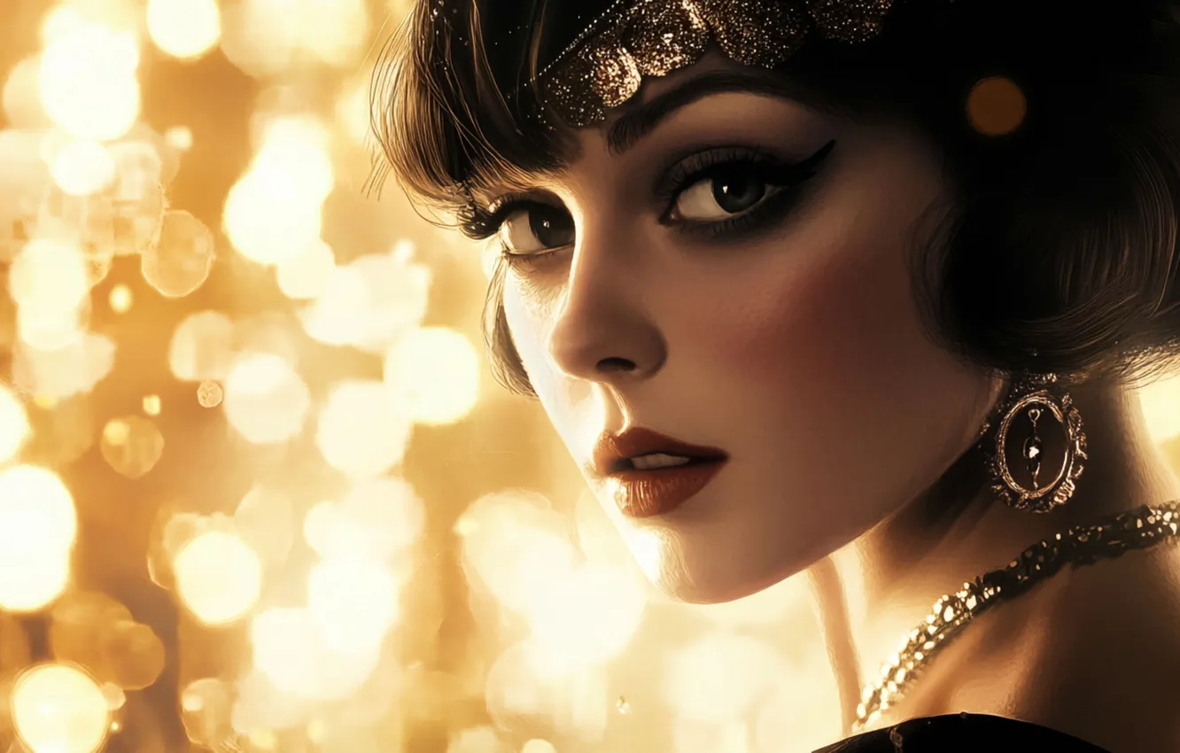 Фото обои взгляд, девушка, украшения, ретро, портрет, брюнетка, сепия, прическа