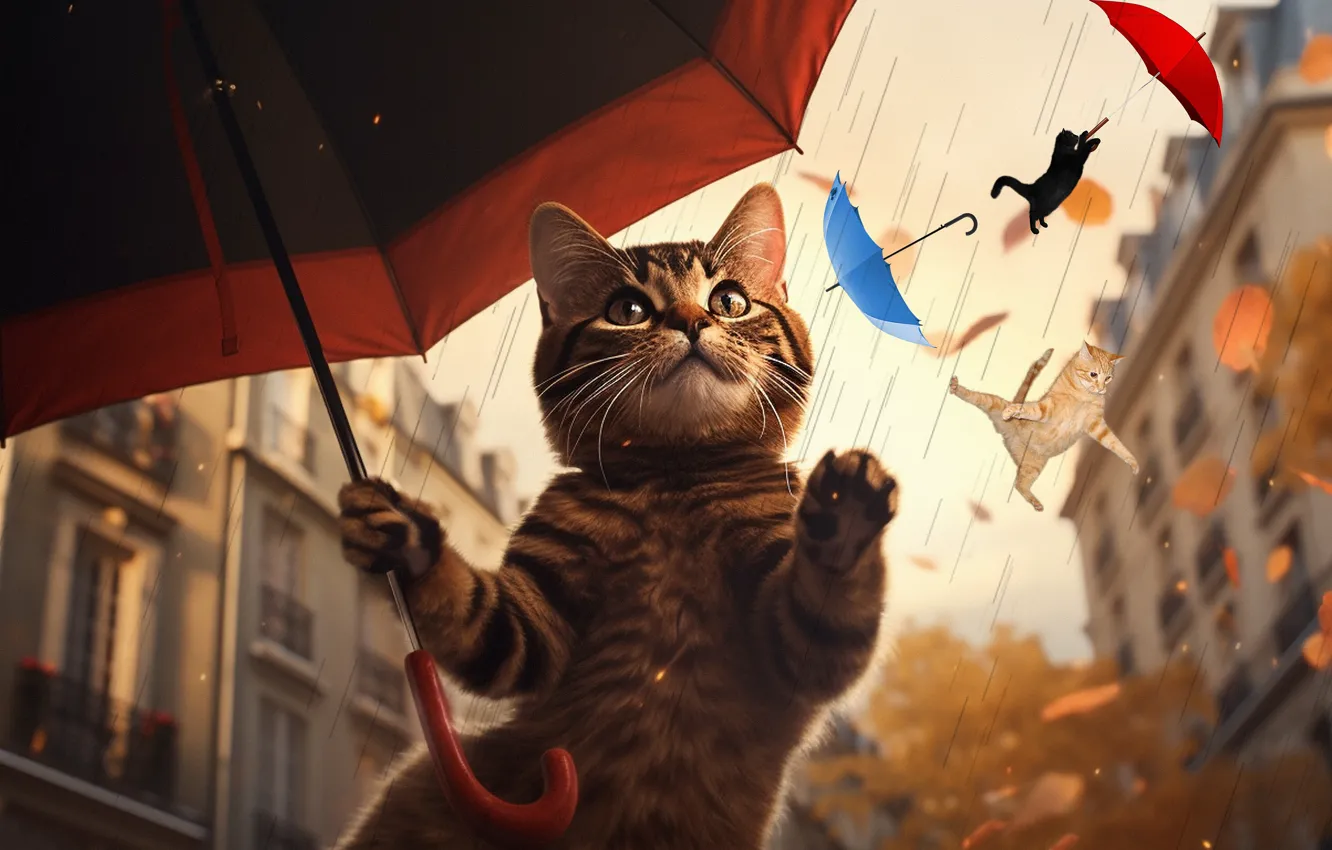 Фото обои кошка, кот, полет, кошки, зонтик, котенок, дождь, коты