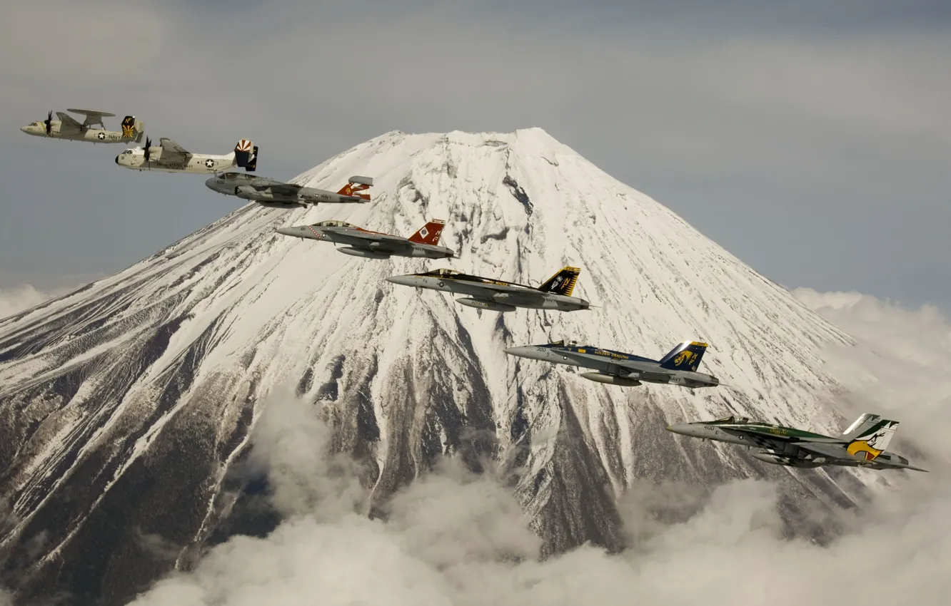 Фото обои полет, авиация, гора, вулкан, истребители, Фуджи