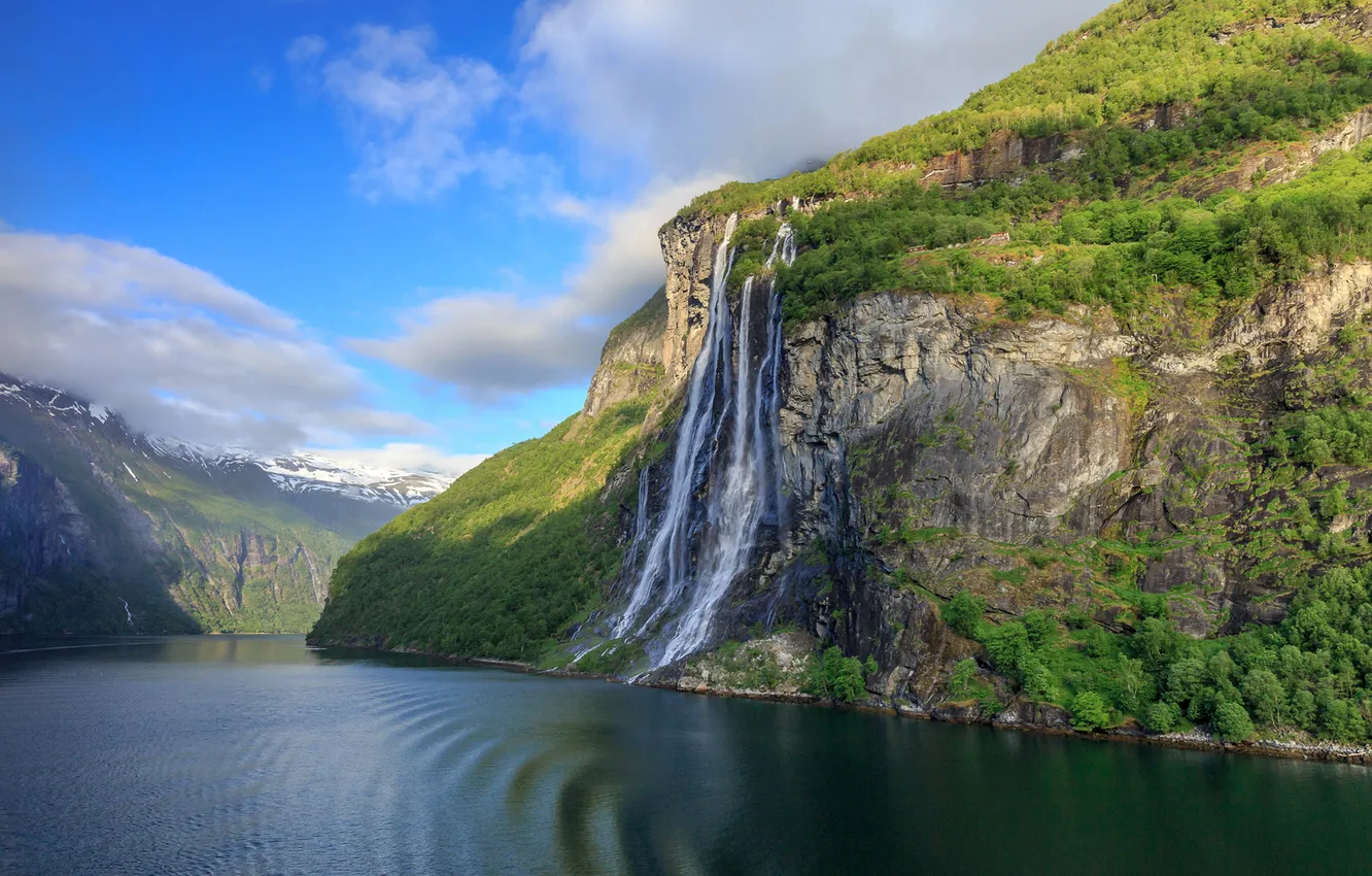 Фото обои горы, водопад, норвегия, фьорд