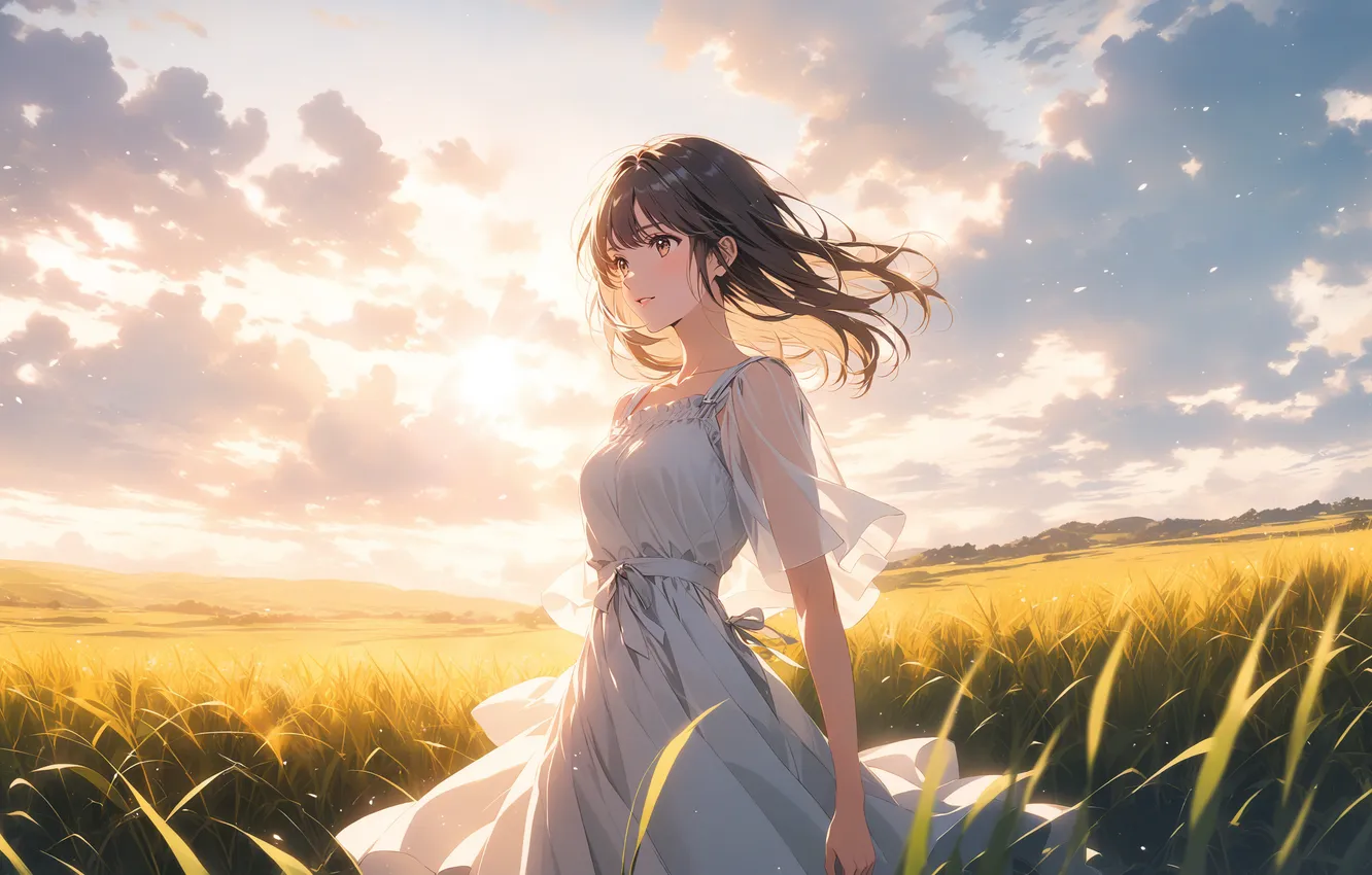 Фото обои поле, девушка, солнце, аниме, girl, field, woman, anime
