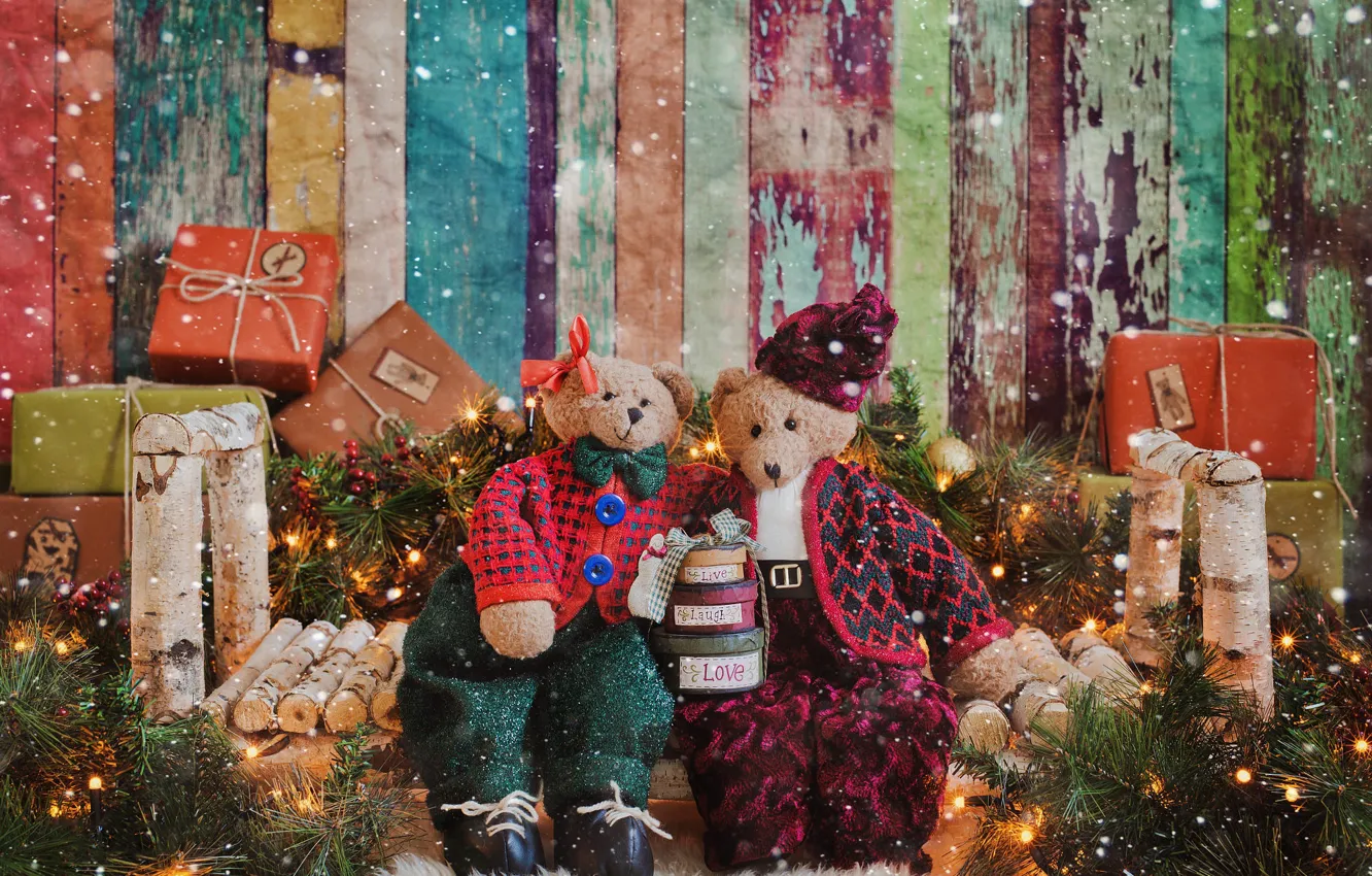 Фото обои праздник, игрушки, медведи, Рождество, подарки, Новый год, медвежата, мишки