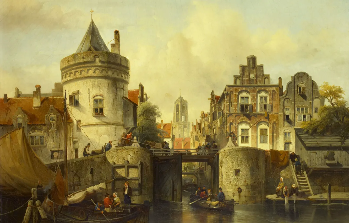 Фото обои масло, картина, холст, 1839, Вид на Kolksluis в Амстердаме, Salomon Leonardus Verveer, Саломон Леонардус Вервир