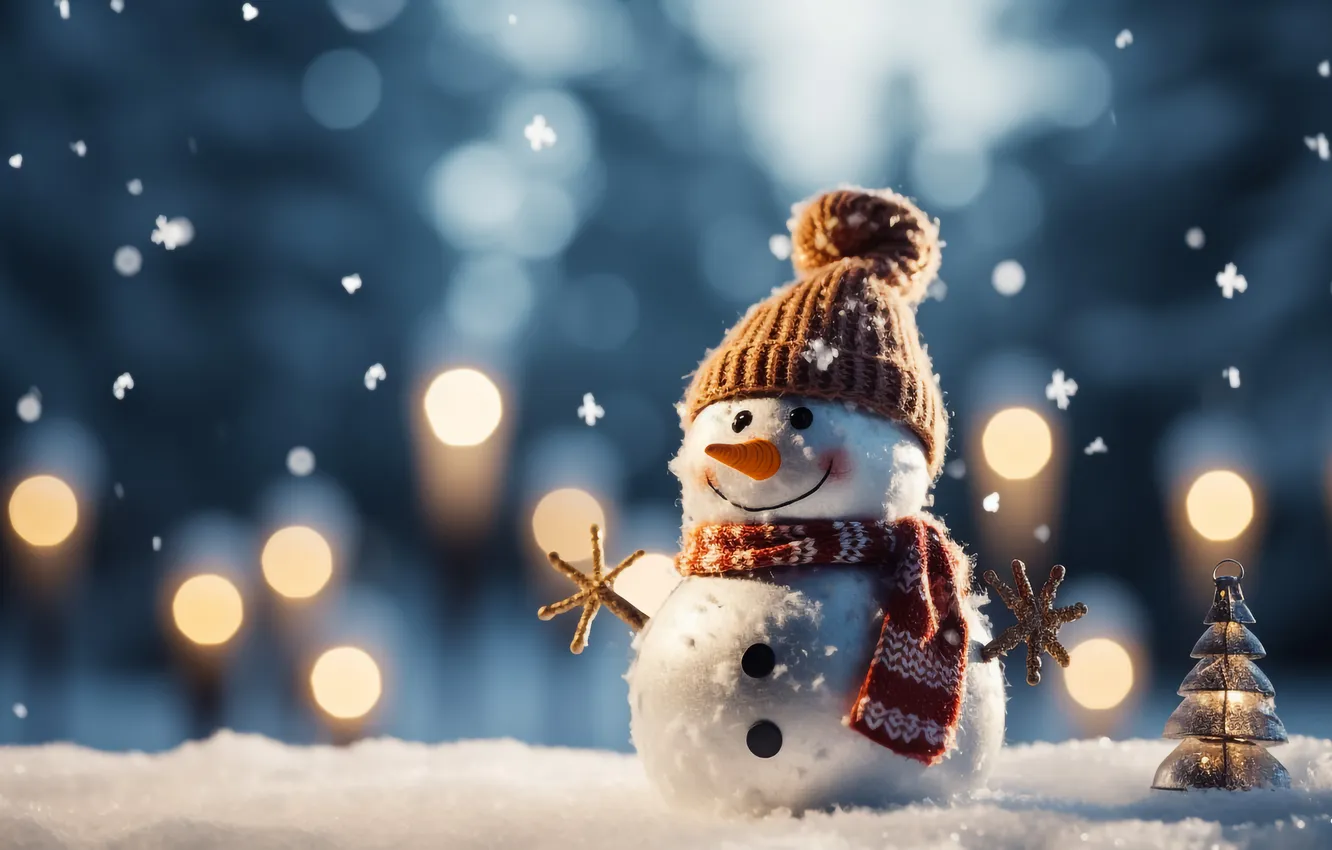 Фото обои зима, снег, Рождество, Новый год, снеговик, Christmas, winter, snow