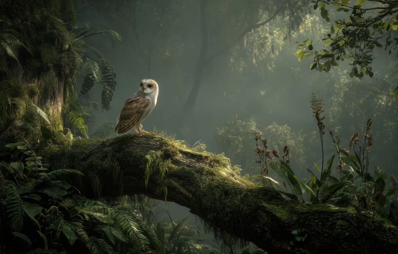 Фото обои forest, plants, owl, moss, illustration, log, AI art