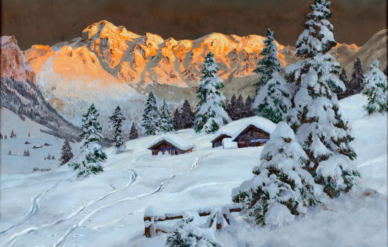 Фото обои Дома, Зима, Горы, Деревья, Снег, Картина, Alois Arnegger, Алоис Арнеггер