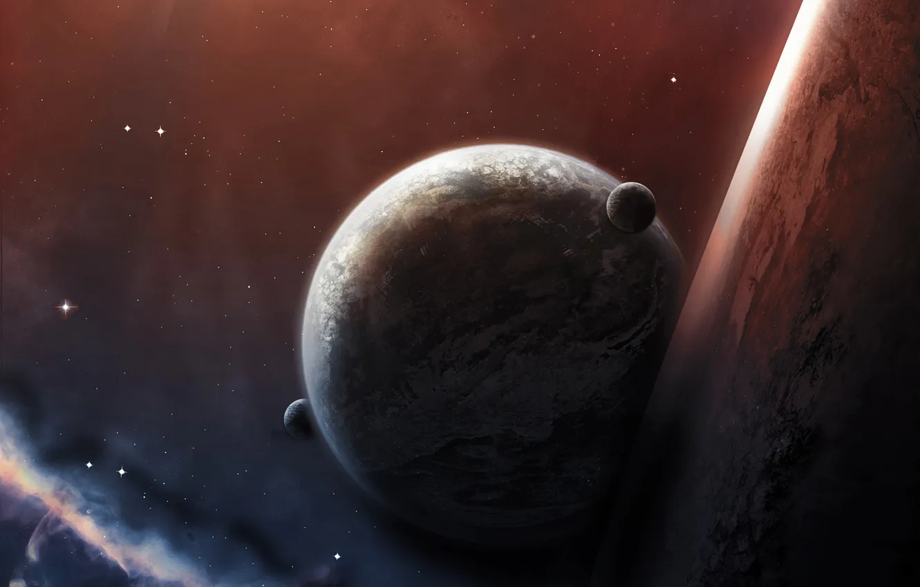 Фото обои космос, звезды, туманность, планеты, тень, атмосфера, спутники