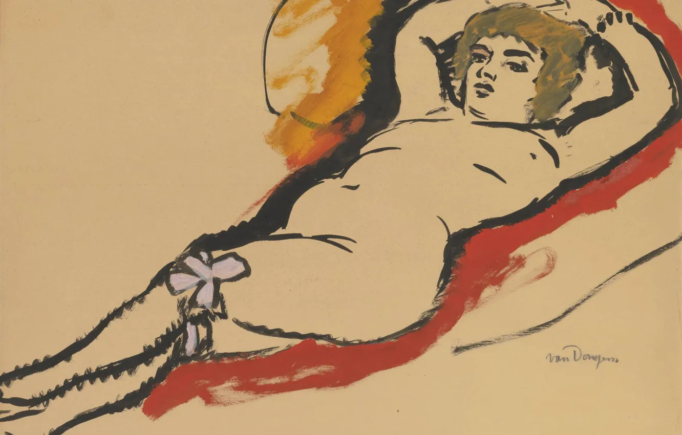 Фото обои Kees van Dongen, Лежащая обнаженная, бумага на панели, романтичный фовизм, гуашь и чернила