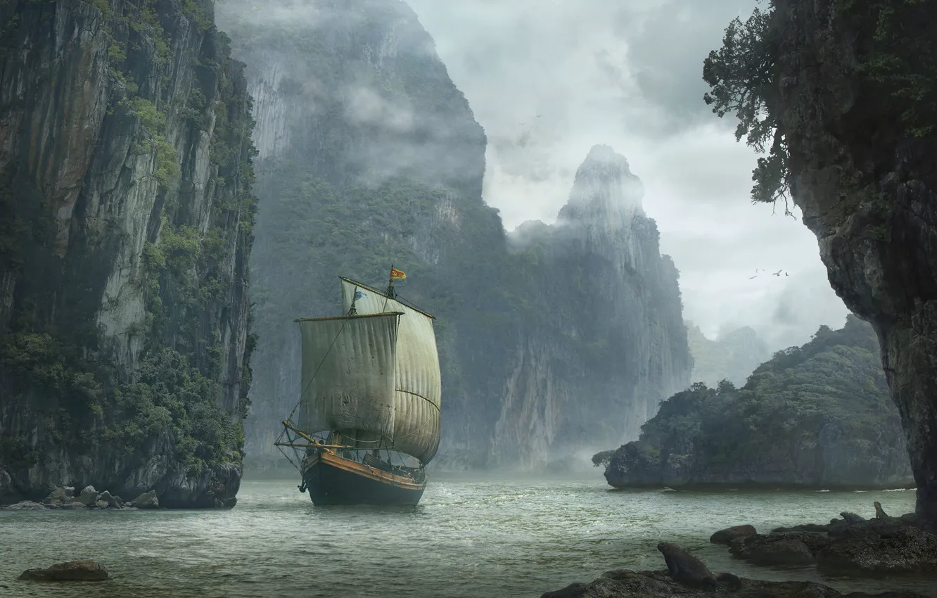 Фото обои вода, скалы, корабль, Landscape with ship