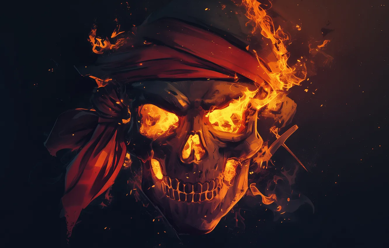Фото обои skull, pirates, illustration, burning, Jolly Roger, AI art, bandanas, Pirate Flag