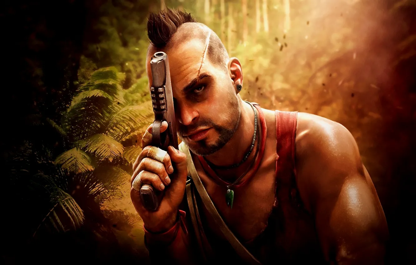 Фото обои пистолет, обработка, джунгли, far cry 3, Ваас, фар край 3, vaas