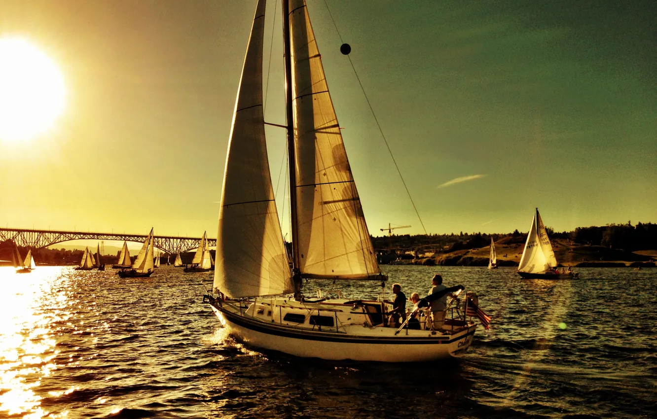 Фото обои море, мост, яхты, вечер, Сиэтл, регата