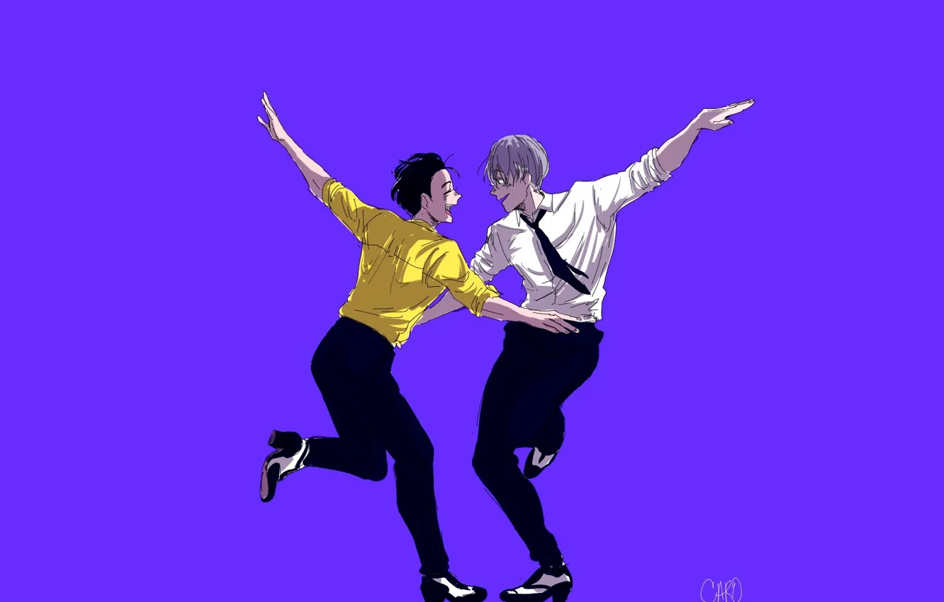 Фото обои танец, арт, фиолетовый фон, Yuri on Ice, Юрий на льду, Виктор Никифоров, Юри Катсуки