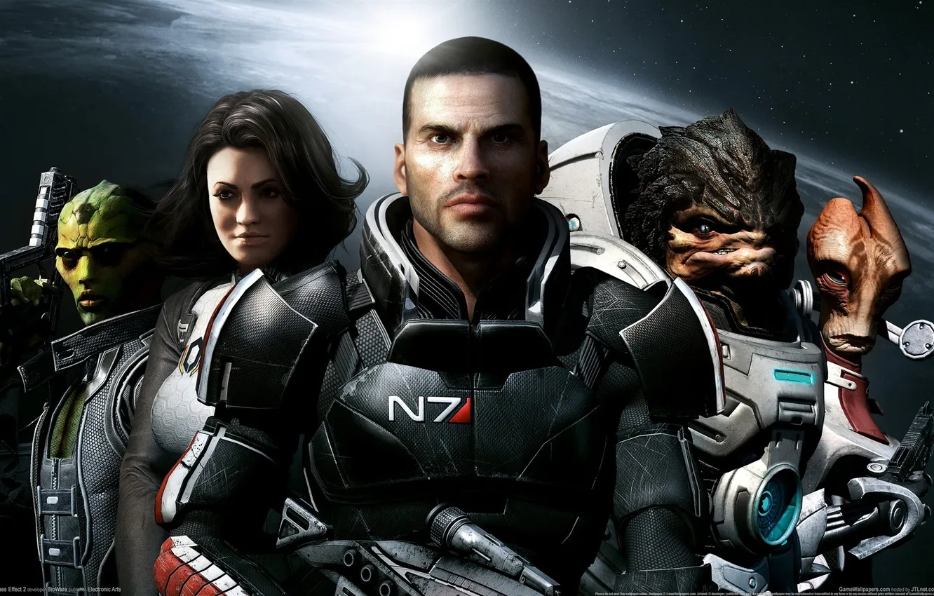Фото обои космос, оружие, команда, Mass Effect 2, captain shepard