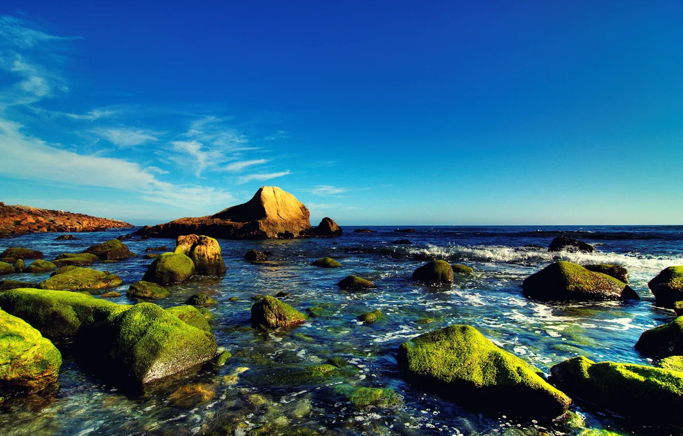 Фото обои море, небо, вода, синий, камни