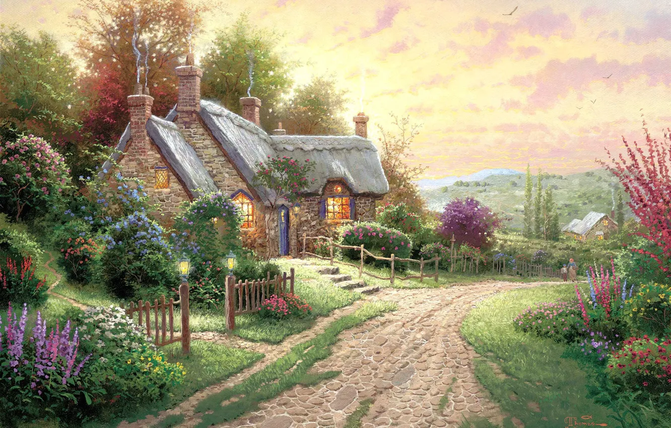 Фото обои road, flower, sunset, fence, Thomas Kinkade, cottage, blooming bushes, A peaceful time