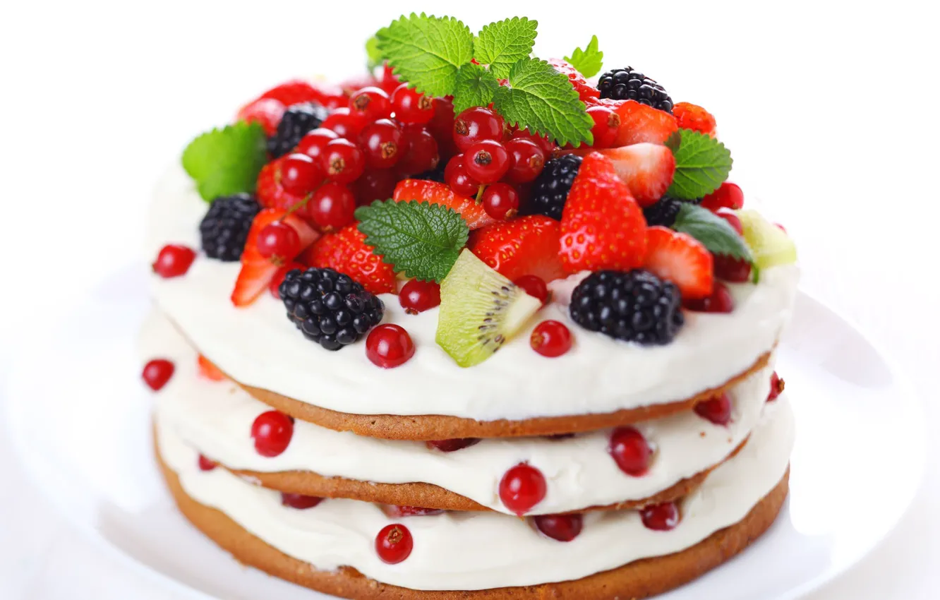 Фото обои ягоды, киви, клубника, смородина, ежевика, тортик