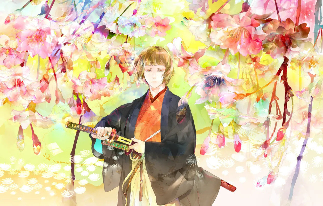 Фото обои взгляд, цветы, оружие, парень, art, катаны, saiga tokihito