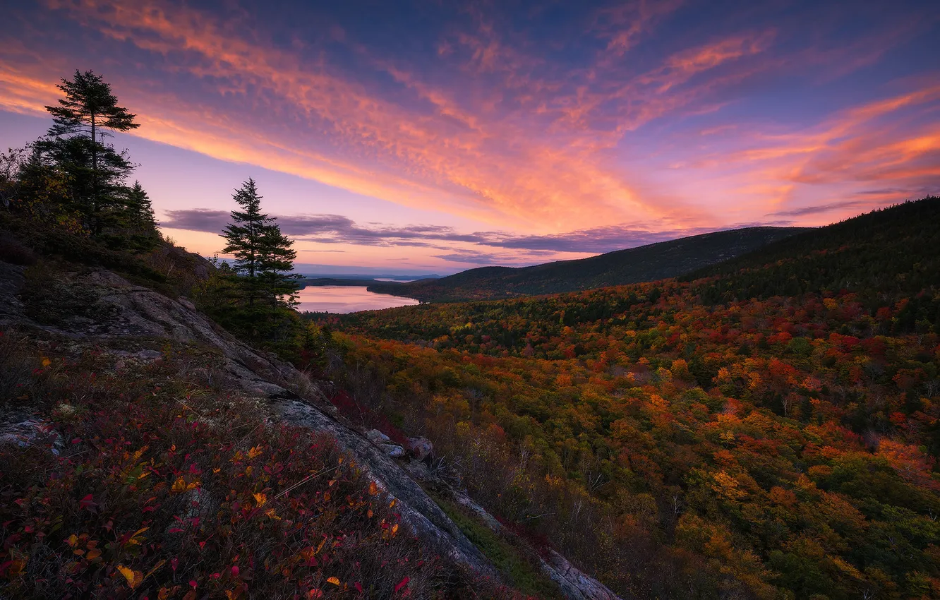 Фото обои forest, sky, sunset, autumn, lake, hills, fall