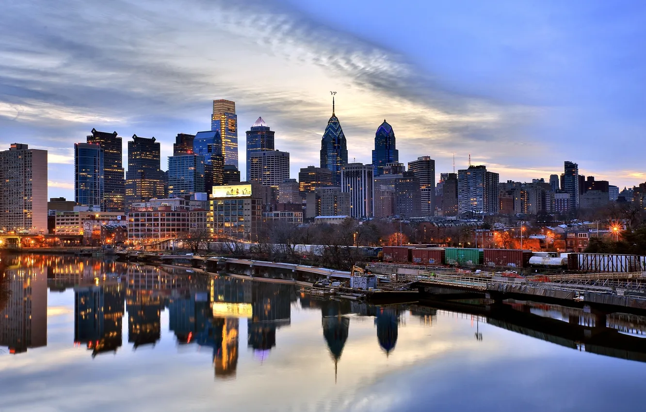 Фото обои отражение, река, вечер, США, Филадельфия, набережная, небоскрёбы, Philadelphia