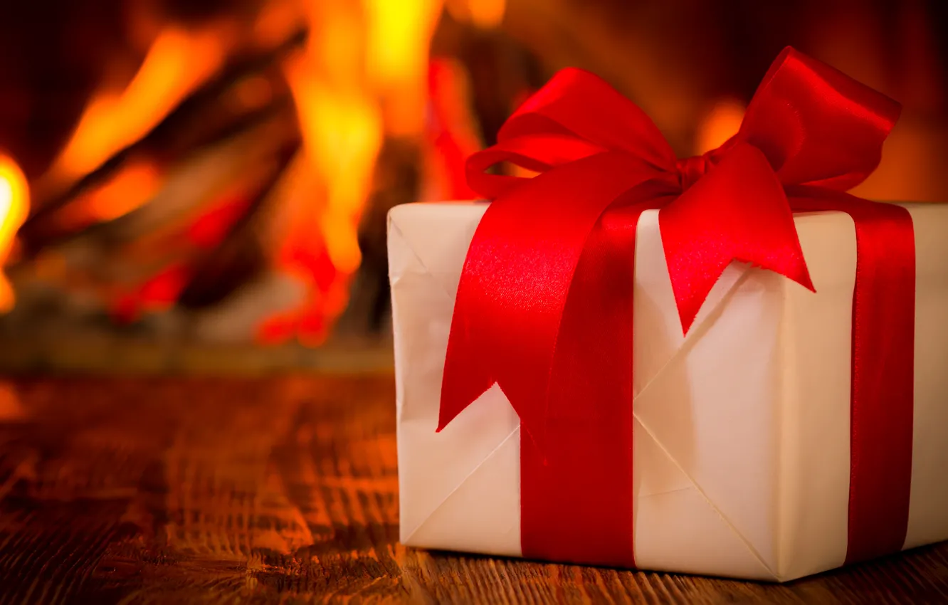 Фото обои подарок, Новый Год, Рождество, лента, fire, камин, Christmas, Xmas