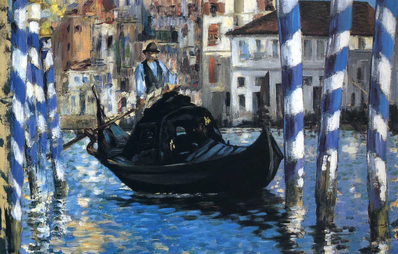 Фото обои лодка, картина, гондола, городской пейзаж, Эдуард Мане, Голубая Венеция, Большой Канал Венеции