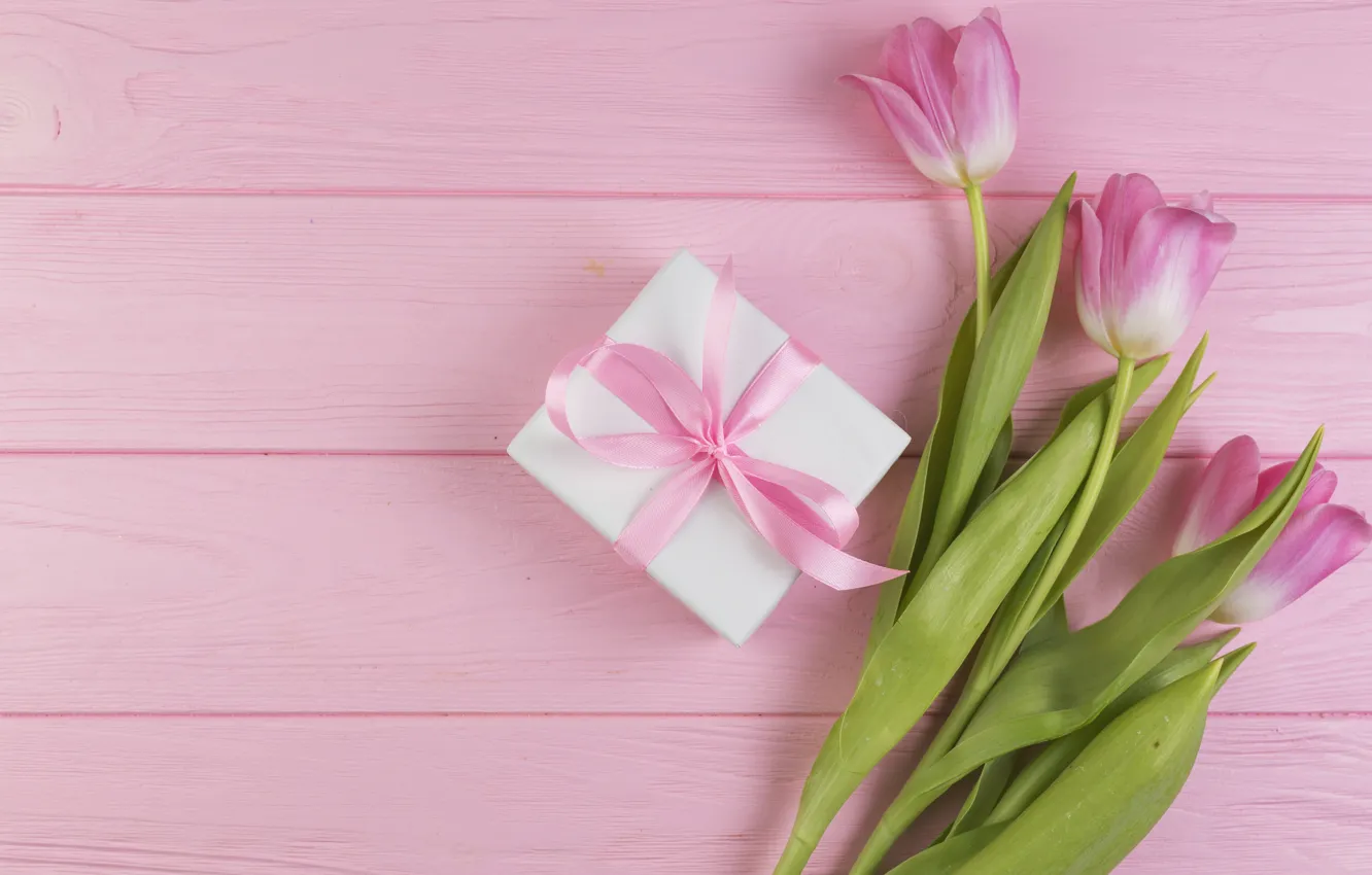 Фото обои цветы, подарок, букет, тюльпаны, love, розовые, fresh, wood