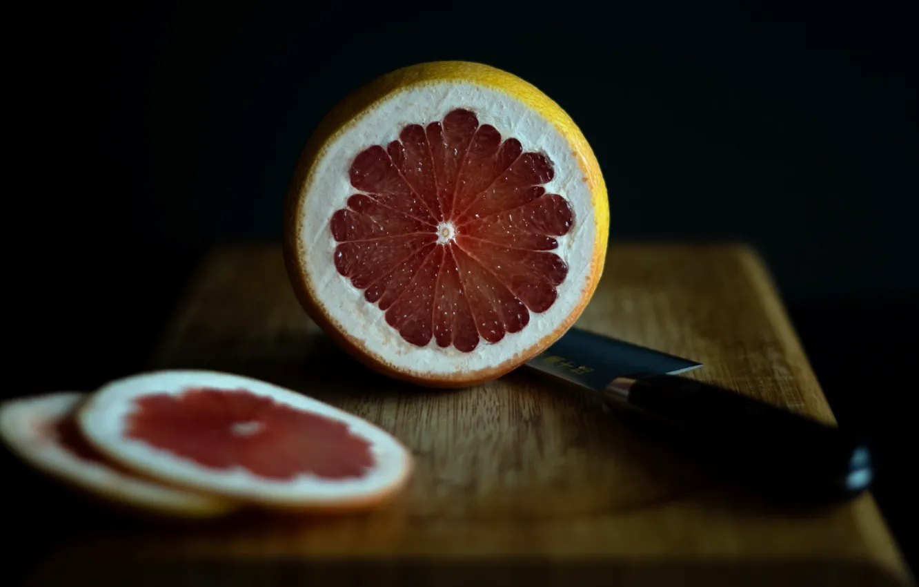 Фото обои нож, фрукты, грейпфрукт